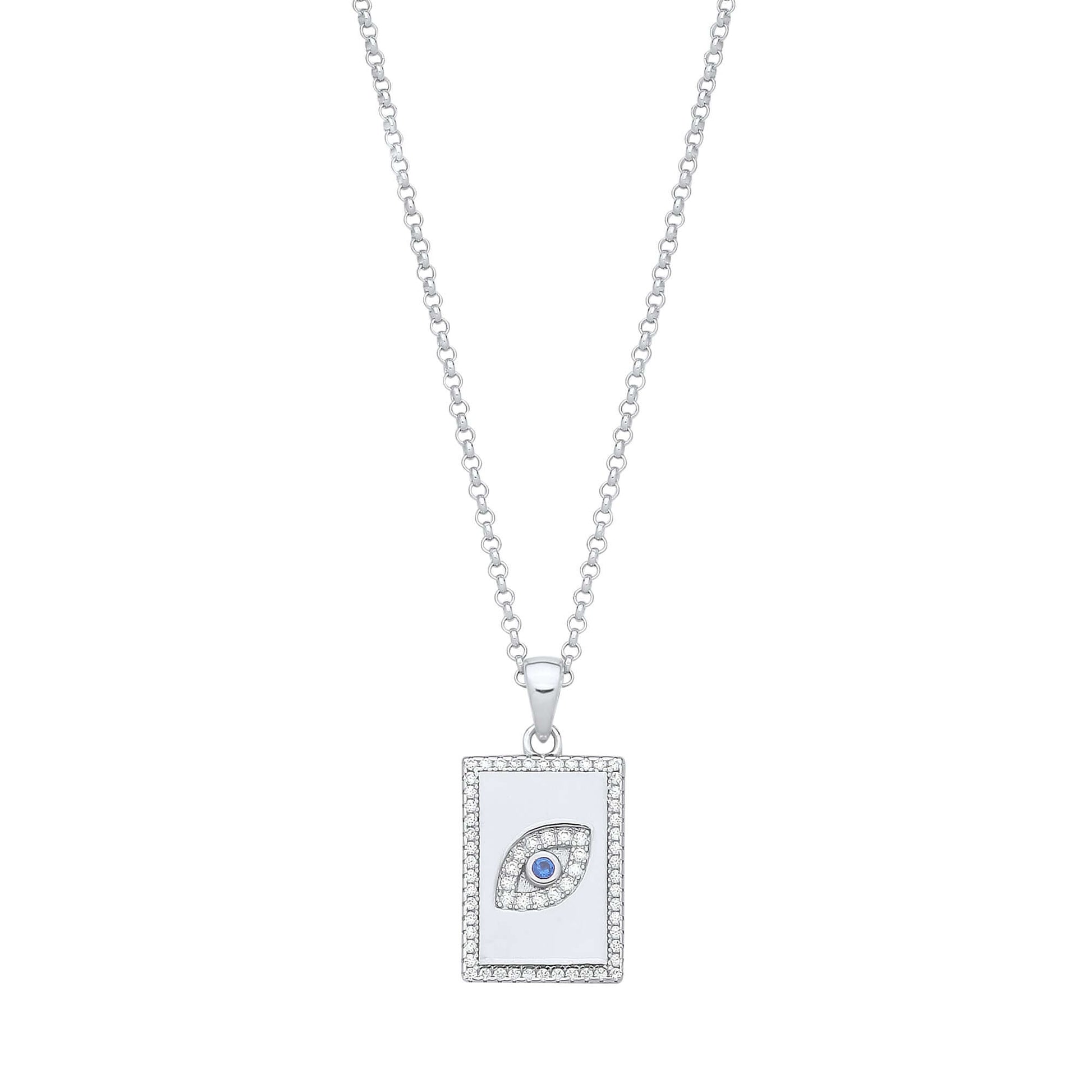 Silver Dog Tag Evil Eye Pendant on Chain with cubic zirconia stones on a sterling silver chain, elegant jewelry piece