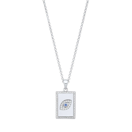 Silver Dog Tag Evil Eye Pendant on Chain with cubic zirconia stones on a sterling silver chain, elegant jewelry piece