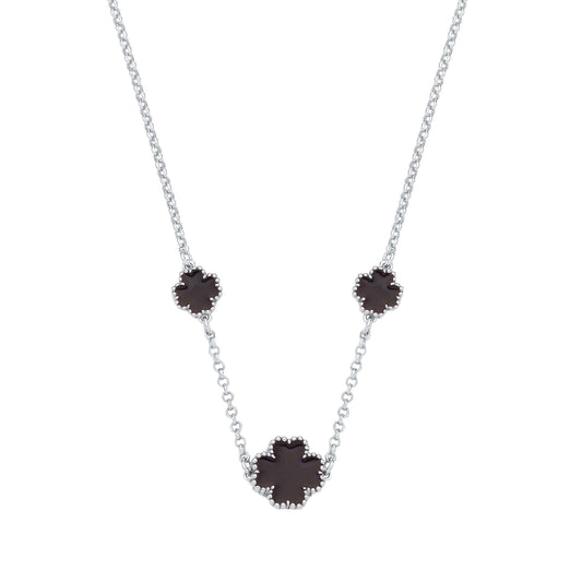 Silver Black Enamel Four Leaf Clover Necklace in sterling silver with black enamel clover accents, 16 inch length.