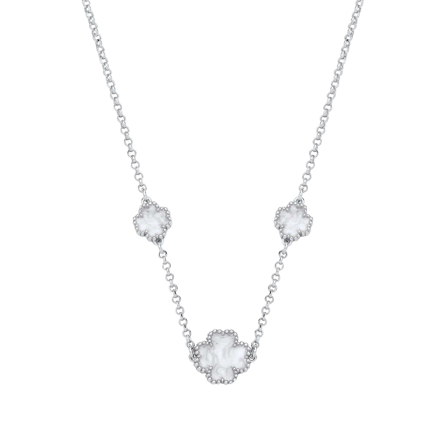 Silver White Enamel Four Leaf Clover Necklace with sterling silver 16 inch chain featuring white clover details.