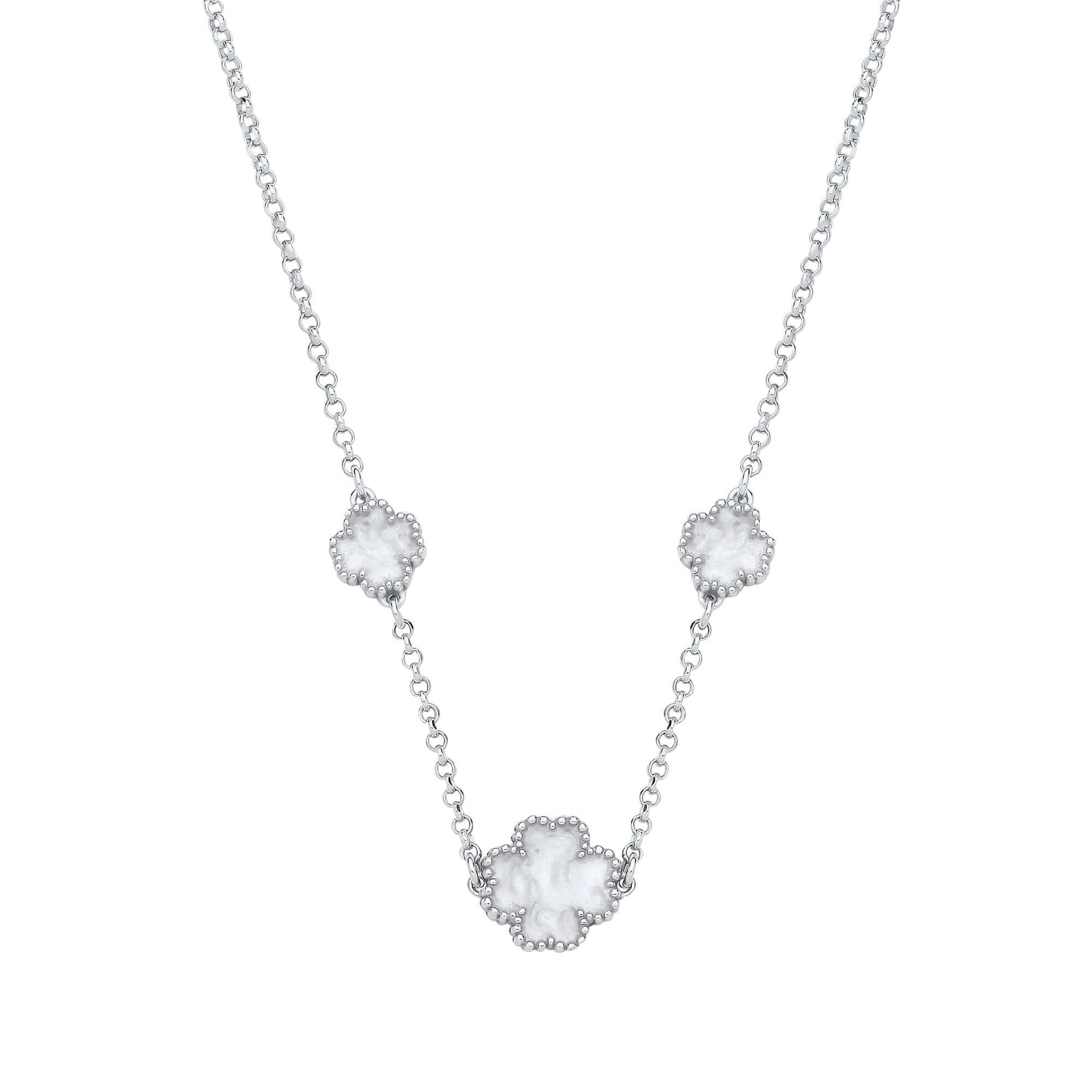 Silver White Enamel Four Leaf Clover Necklace with sterling silver 16 inch chain featuring white clover details.