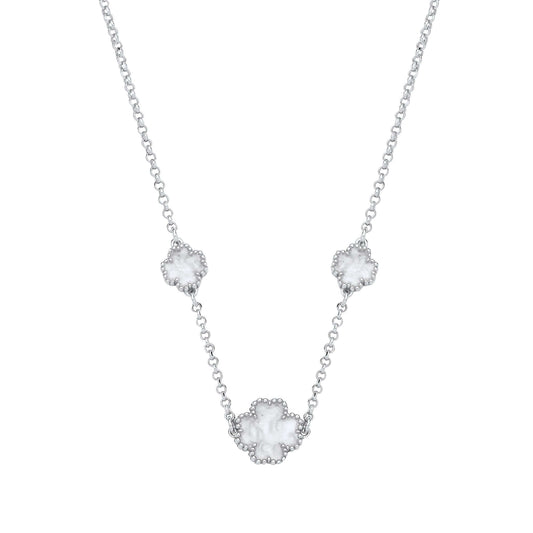 Silver White Enamel Four Leaf Clover Necklace with sterling silver 16 inch chain featuring white clover details.