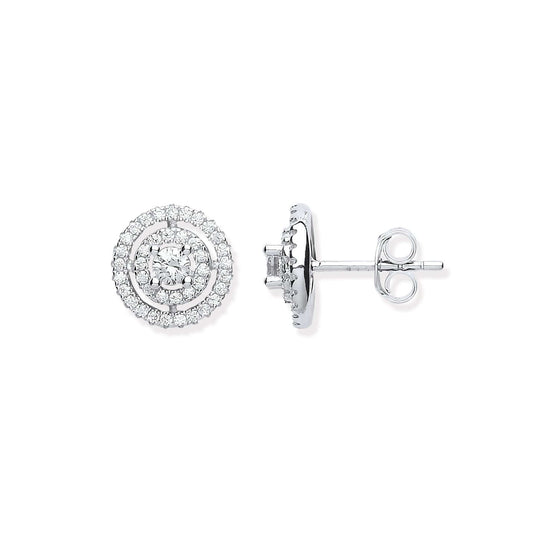 Silver Layered Halo Stud Earrings with cubic zirconia stones, showcasing a dazzling design suitable for elegant occasions.