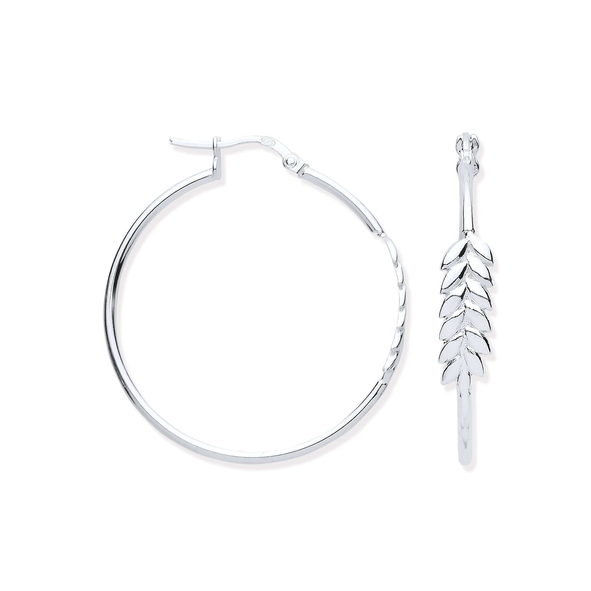 Silver Barley Leaf Hoop Earrings in solid sterling silver with intricate barley leaf design.