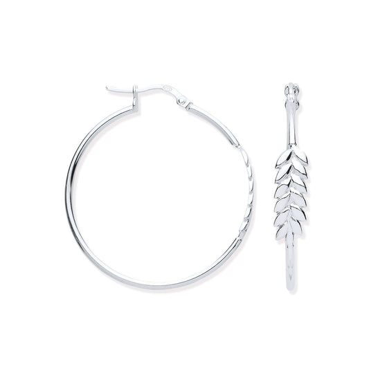 Silver Barley Leaf Hoop Earrings in solid sterling silver with intricate barley leaf design.