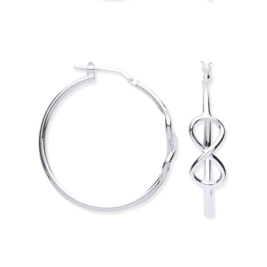 Silver Infinity Hoop Earrings in sterling silver, featuring a unique infinity design with dimensions of 33.0mm width and 34.7mm height.