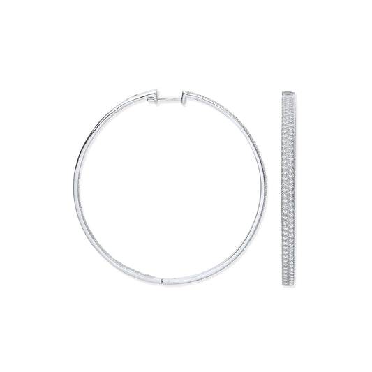 Silver Hoop Two Row Earrings with cubic zirconia on 48mm hoop in solid silver. Elegant and stylish jewelry.