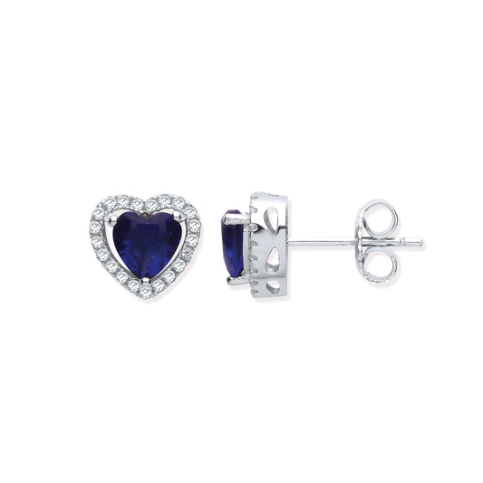 Silver Heart Sapphire Blue Colour Earrings with cubic zirconia heart in brilliant cut halo surround, perfect for elegant styling.