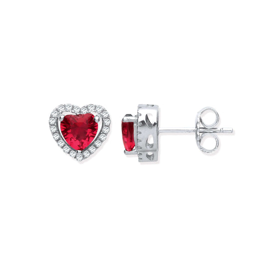 Ruby Red Colour Heart Silver Earrings with cubic zirconia stones and brilliant cut halo design, elegant jewelry piece.