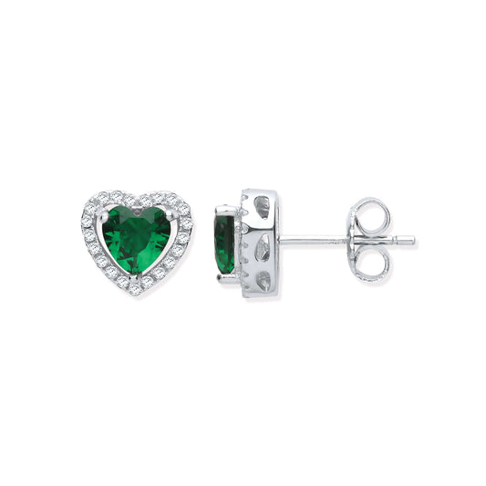 Silver stud earrings with emerald green colour heart cubic zirconia surrounded by halo. Focus keyword: Emerald Green Colour Heart Earrings.