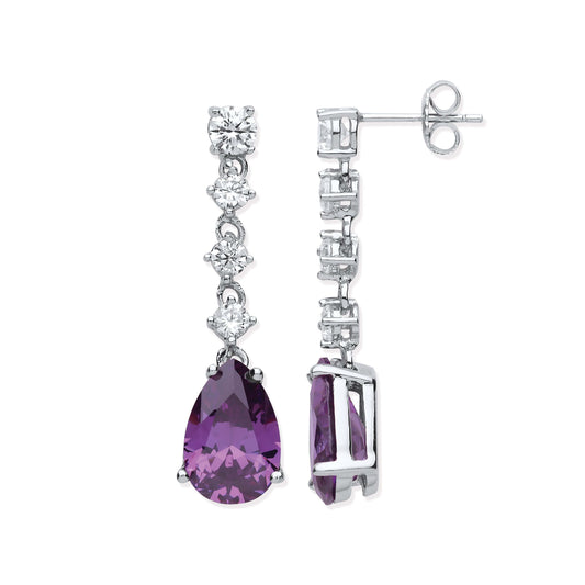 Long Drop Earrings Amethyst Colour with silver and clear Cz stones, showcasing elegant design and brilliant shine.