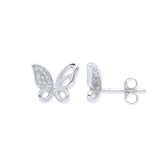 Silver CZ Open Butterfly Stud Earrings with sparkling stones, 12mm size, elegant design for fashion jewelry lovers.