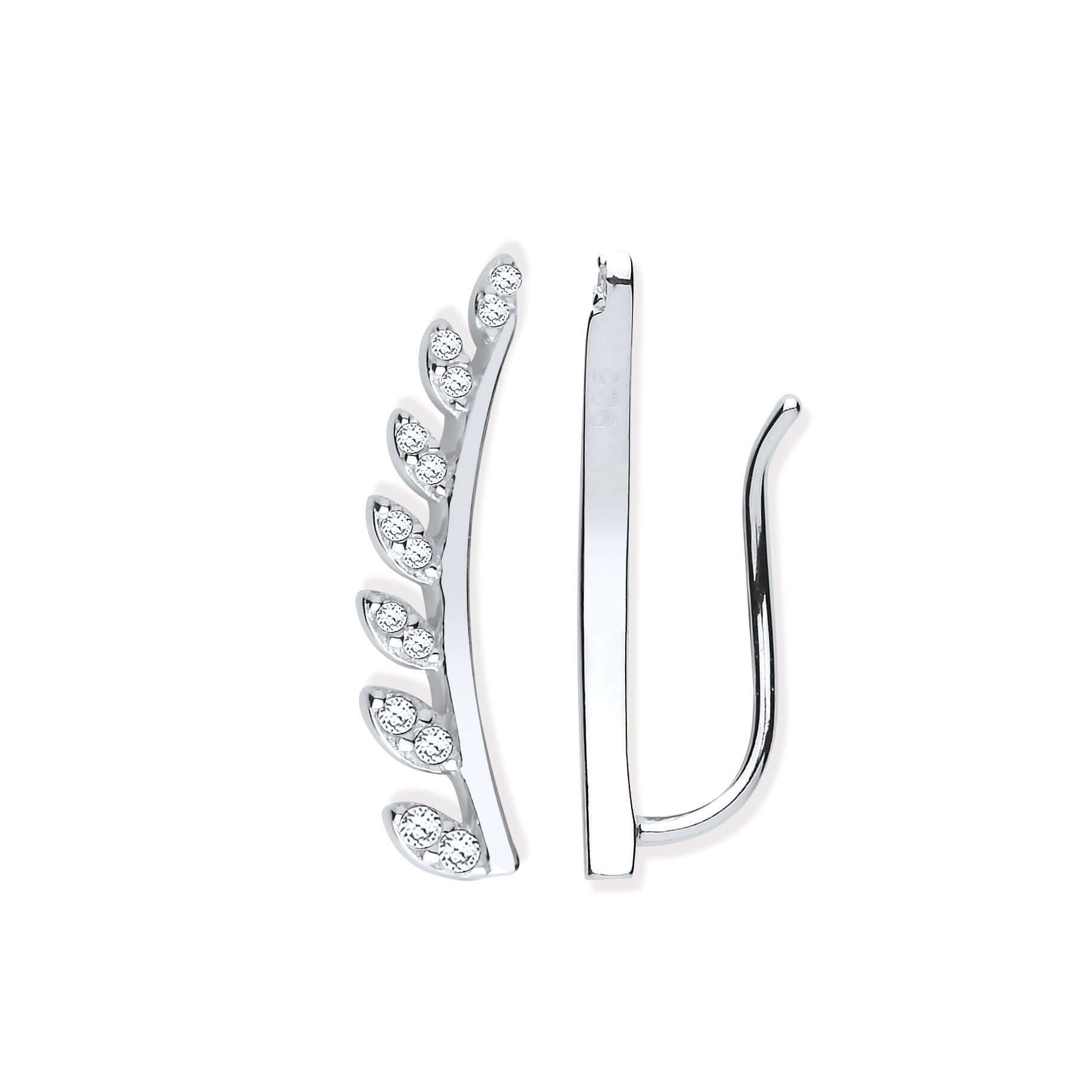 Silver CZ Half Leaf Earcuff, Crawler, Earrings set with cubic zirconia stones on a white background.