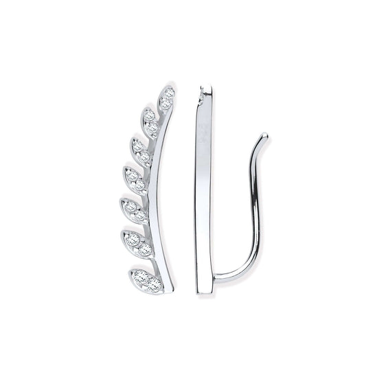 Silver CZ Half Leaf Earcuff, Crawler, Earrings set with cubic zirconia stones on a white background.