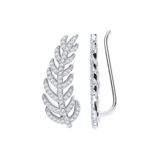 Silver CZ Barley Leaf Earcuff, Crawler, Earrings with cubic zirconia stones, size 24.0mm x 10.0mm.