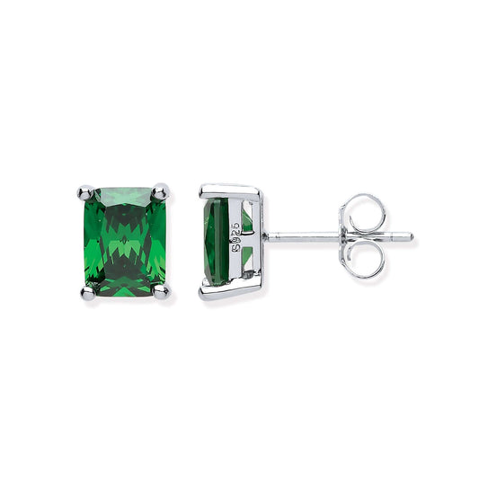 Silver Green CZ Emerald Cut Stud Earrings with emerald green cubic zirconia stones, measuring 6.8mm x 8.7mm, shown in silver setting.