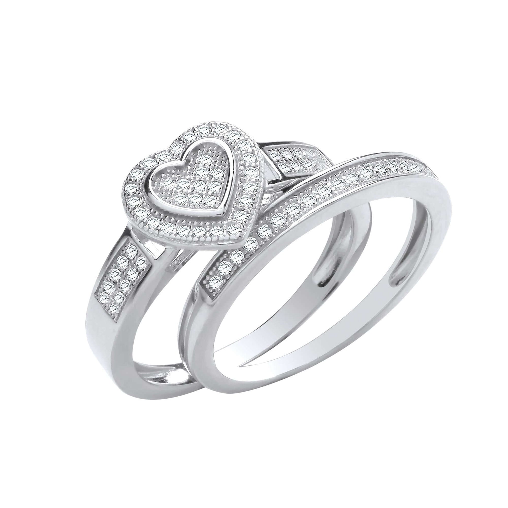 Silver Heart Bridal Set with cubic zirconia engagement and wedding rings featuring sparkling hearts and elegant design.