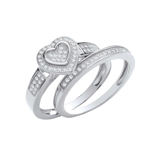 Silver Heart Bridal Set with cubic zirconia engagement and wedding rings featuring sparkling hearts and elegant design.