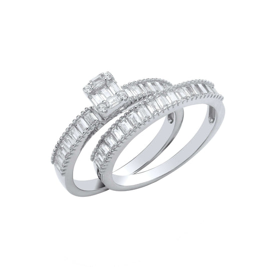Silver Bridal Set with baguette cubic zirconia stones, elegant design for weddings.