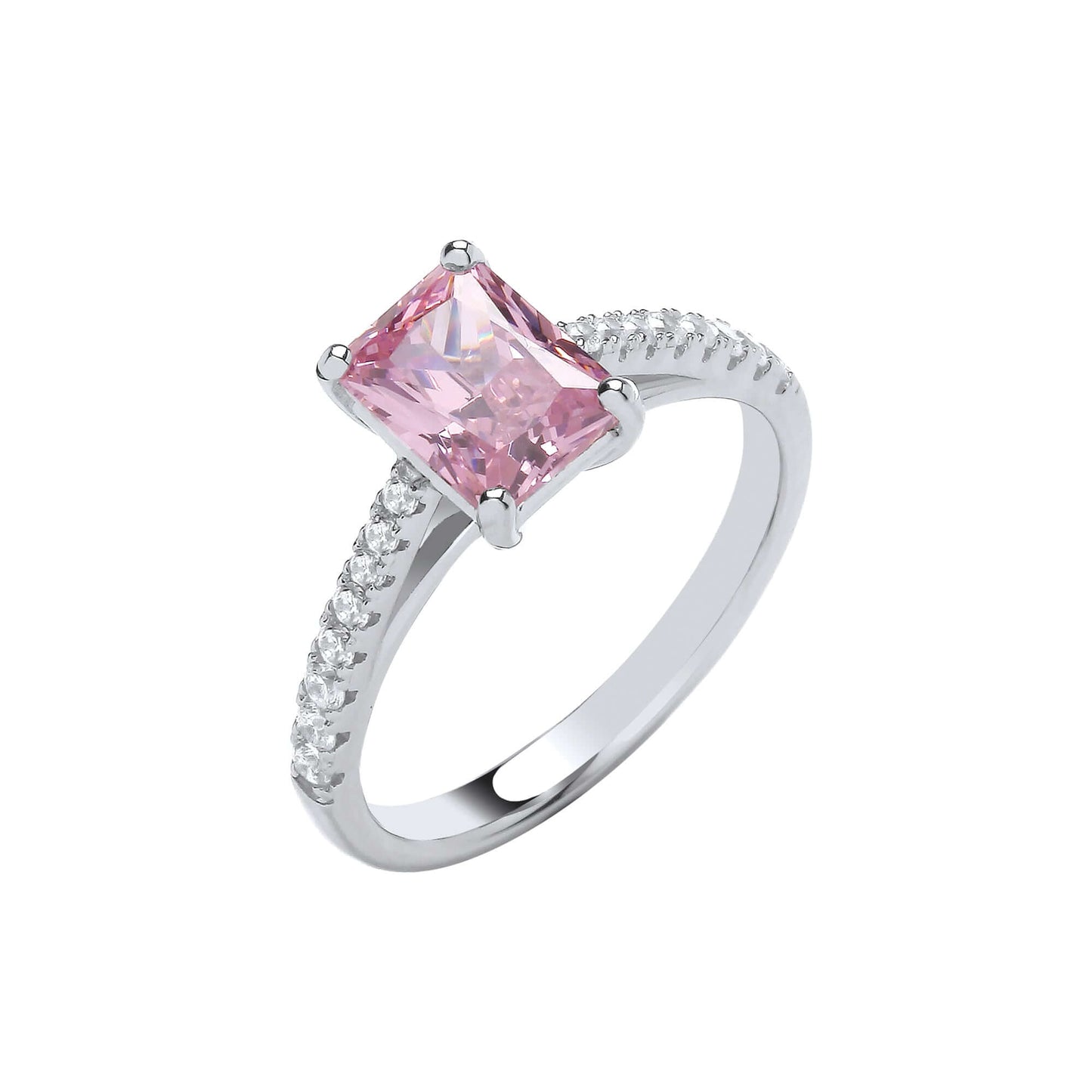 Silver Pink Stone Ring with emerald cut cubic zirconia and brilliant cut shoulder stones