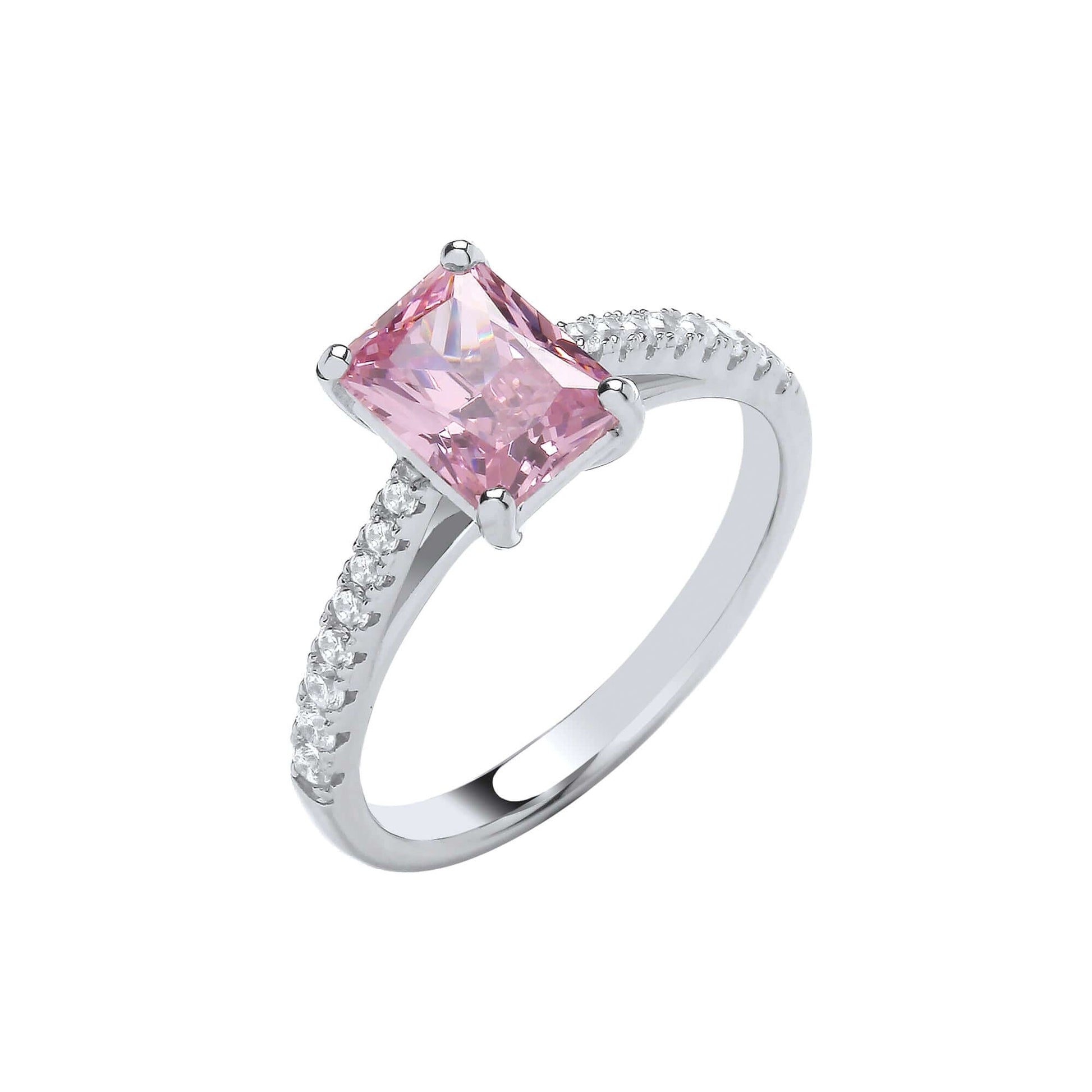 Silver Pink Stone Ring with emerald cut cubic zirconia and brilliant cut shoulder stones