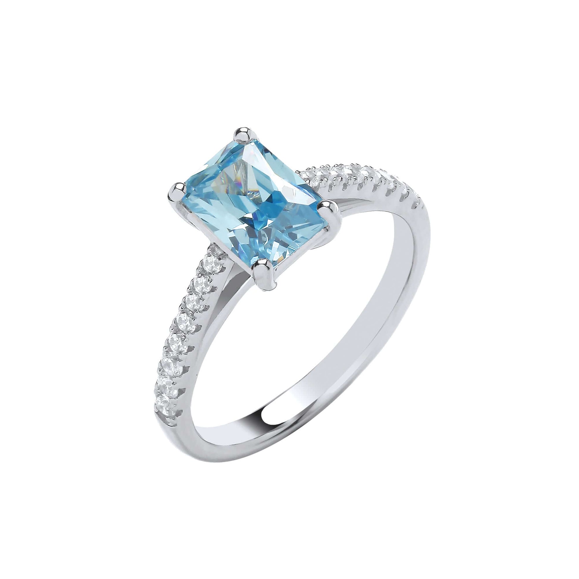 Silver Blue Stone Solitaire ring with emerald cut cubic zirconia and brilliant cut shoulder stones.