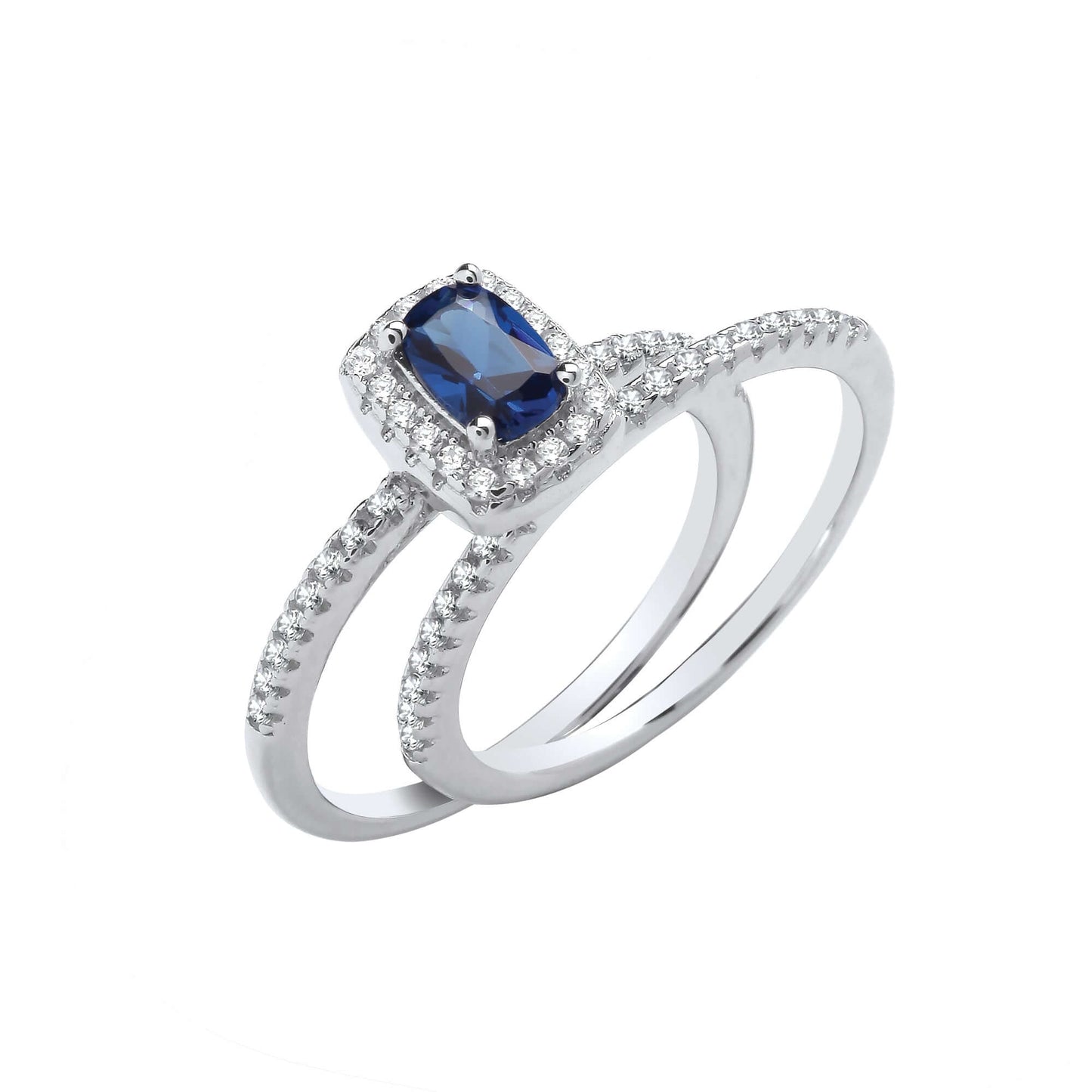 Silver Bridal Set Sapphire Blue with cushion cut sapphire blue cubic zirconia center stone and brilliant cut stones, elegant design