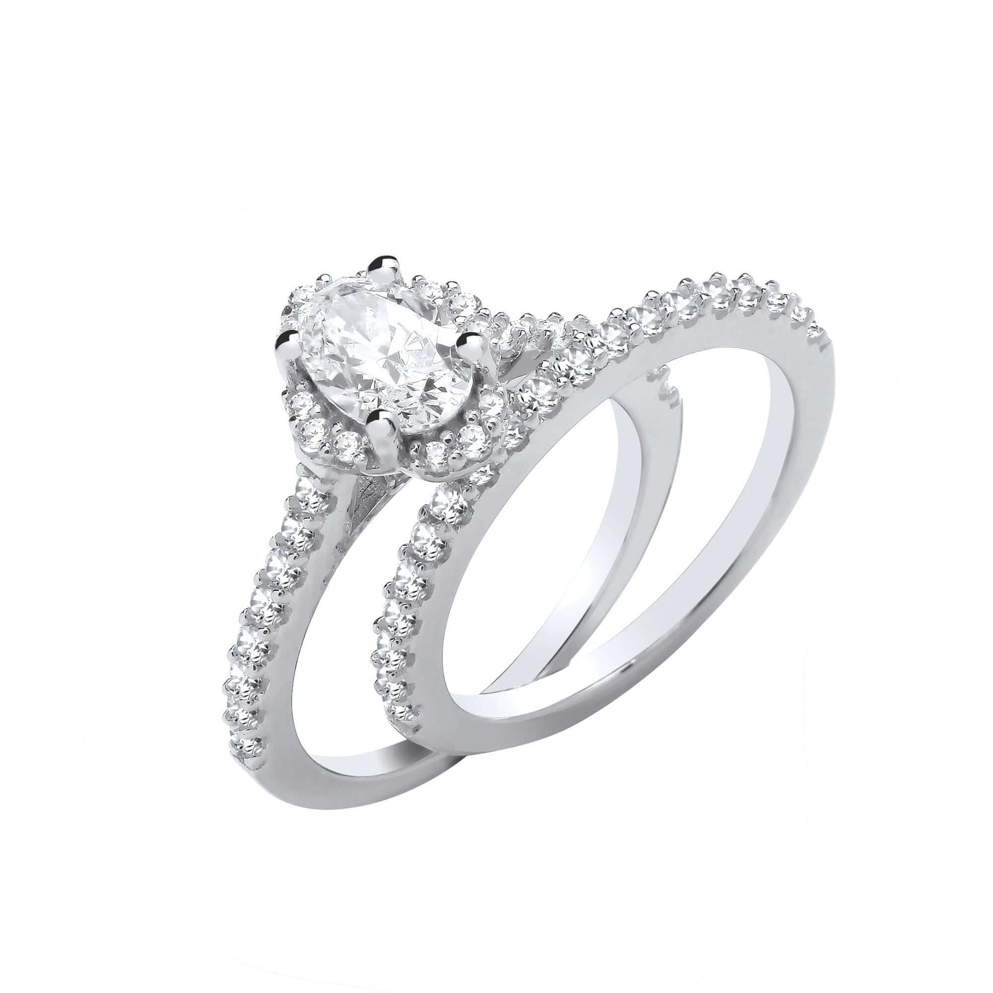 Silver Bridal Set with oval cut cubic zirconia stones, featuring a solid silver band adorned with brilliant cut zirconias.