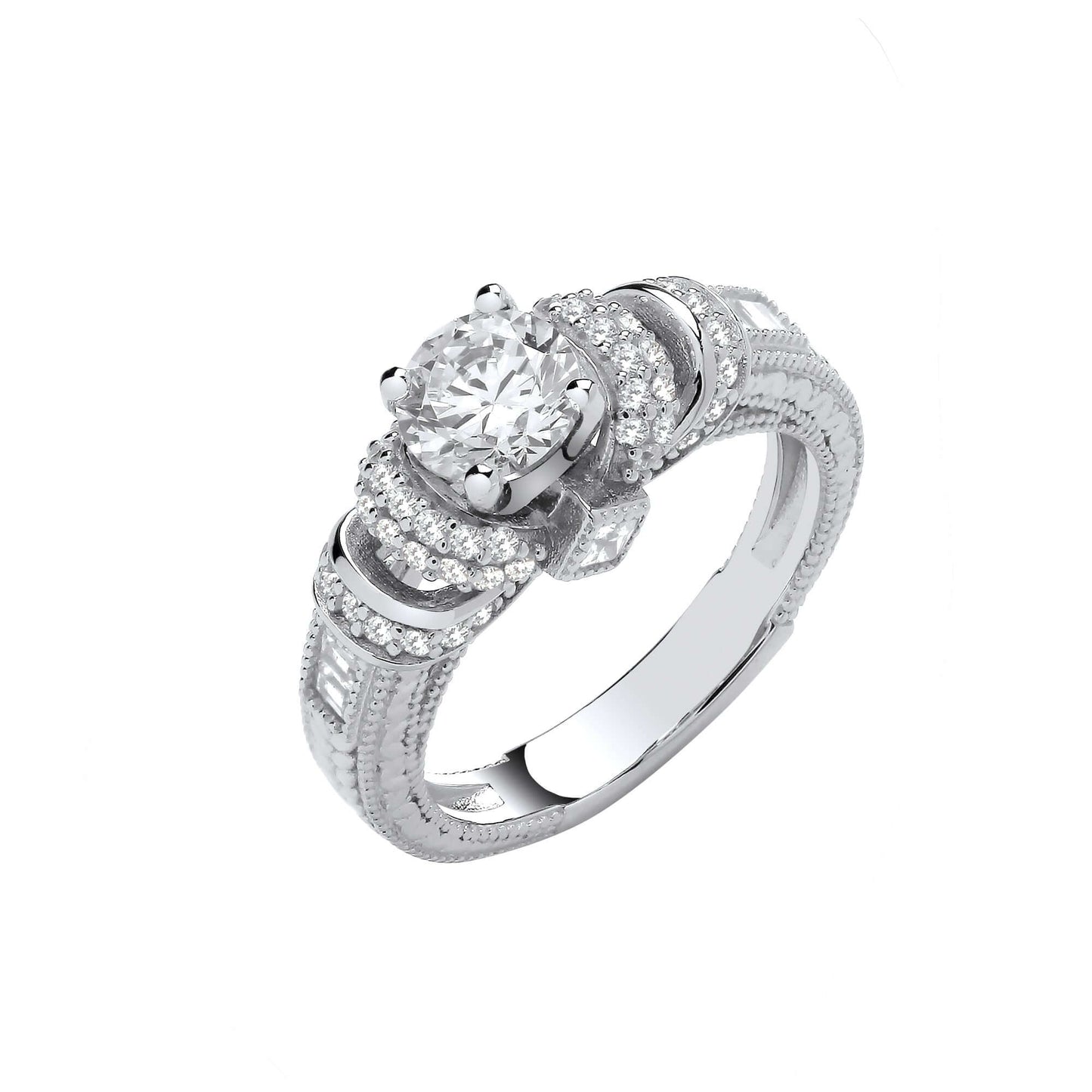 Silver Vintage Look, Milgrain Shank Solitaire CZ Ring in sterling silver with cubic zirconia stones, elegant engagement jewelry.