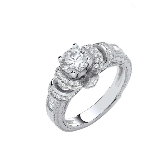 Silver Vintage Look, Milgrain Shank Solitaire CZ Ring in sterling silver with cubic zirconia stones, elegant engagement jewelry.