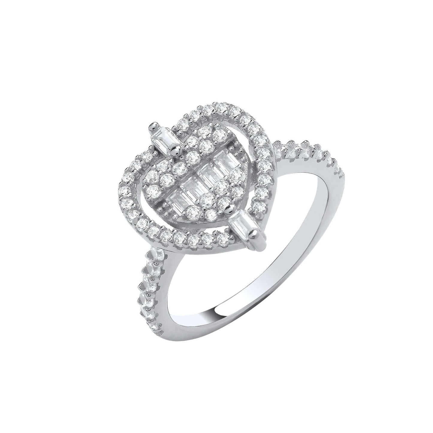 Silver Heart Halo Style Ring in sterling silver with cubic zirconia stones, featuring brilliant and baguette cuts.
