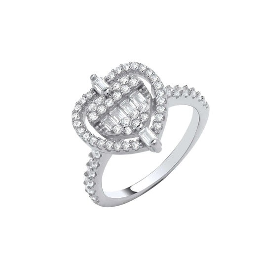 Silver Heart Halo Style Ring in sterling silver with cubic zirconia stones, featuring brilliant and baguette cuts.