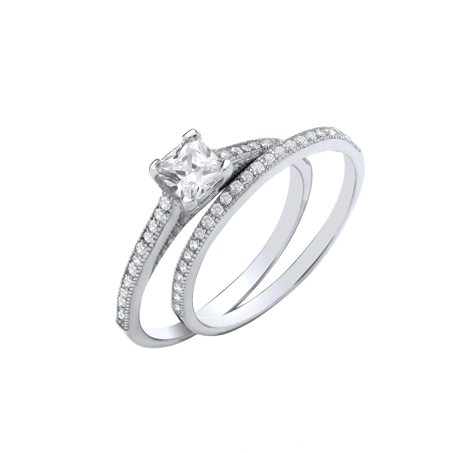 Silver Princess Cut Bridal Set featuring solitaire ring with princess cut cubic zirconia and matching brilliant cut silver band.