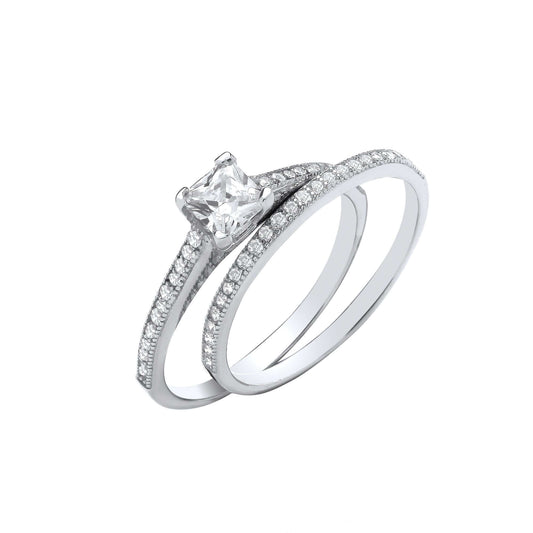 Silver Princess Cut Bridal Set featuring solitaire ring with princess cut cubic zirconia and matching brilliant cut silver band.