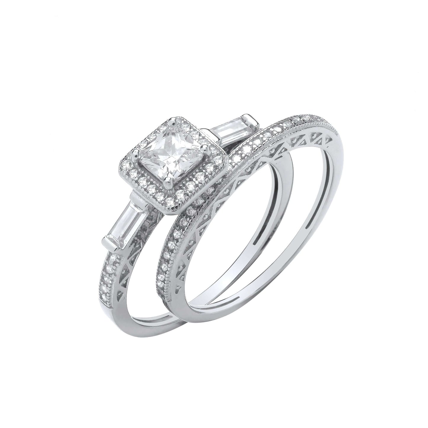 Silver Bridal Set with princess cut cubic zirconia, halo setting, and baguette shoulders featuring a matching glittering band.