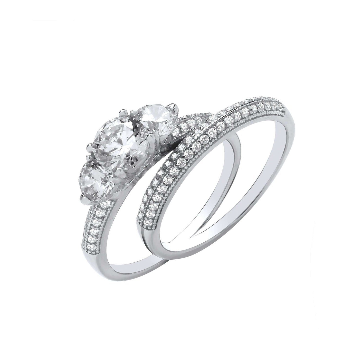 Sterling Silver Trilogy Bridal Set with brilliant cut cubic zirconia matching rings