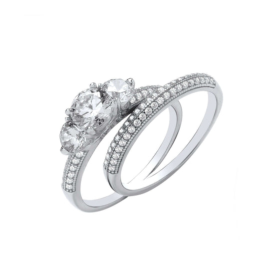 Sterling Silver Trilogy Bridal Set with brilliant cut cubic zirconia matching rings
