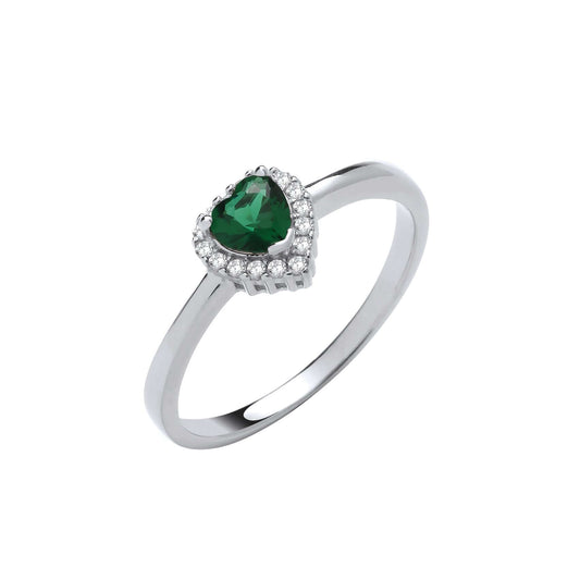 Silver Green CZ Heart Ring with emerald green stone and halo of brilliant cut stones