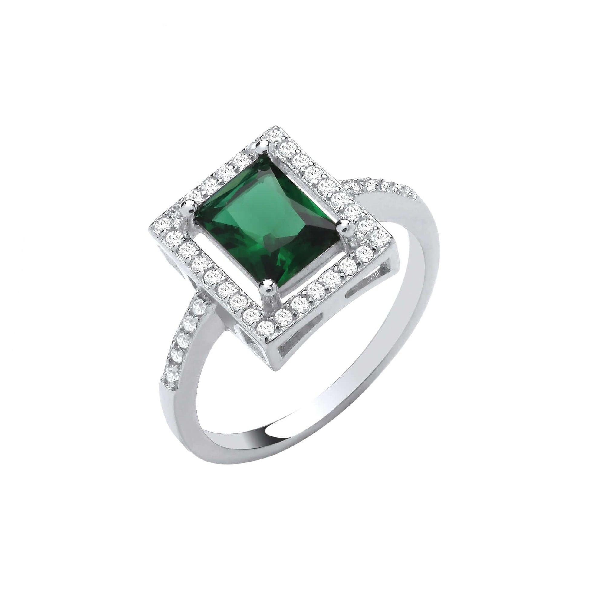 Silver Green Princess Cut Ring with emerald cubic zirconia and brilliant cut stones on silver band.