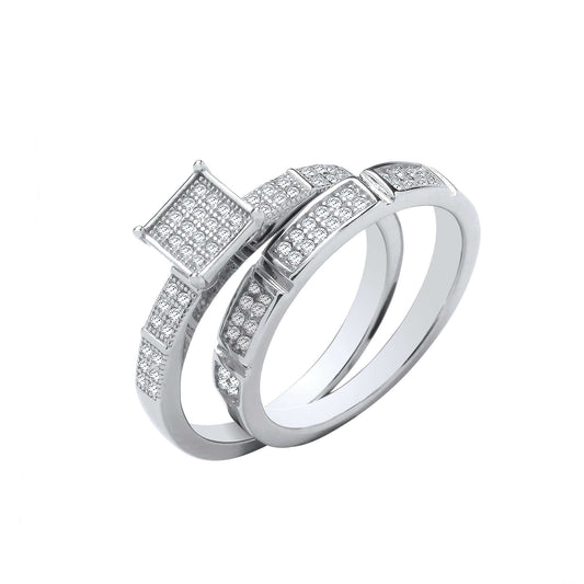 Silver Square Set Bridal Set with brilliant cut cubic zirconia stones, elegant and sparkling rings perfect for weddings and special occasions.