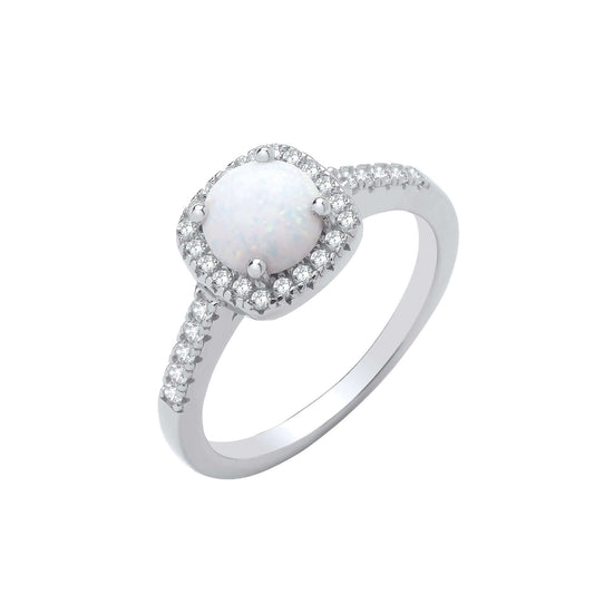 Silver Opal Halo Ring featuring an opal center with a halo of cubic zirconia stones and a silver band
