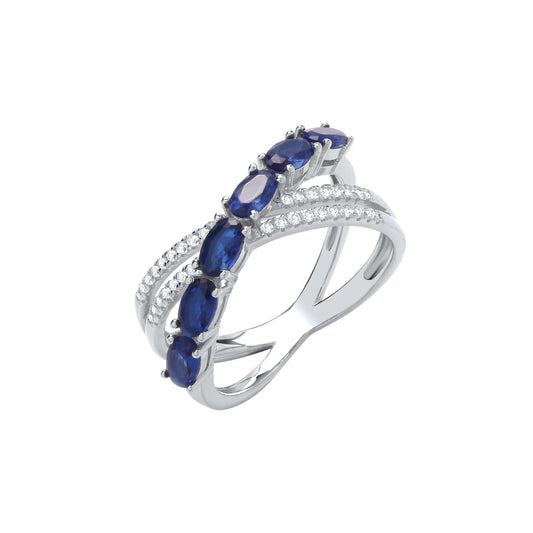 Silver Crossover Ring in Sapphire Colour with cubic zirconia stones