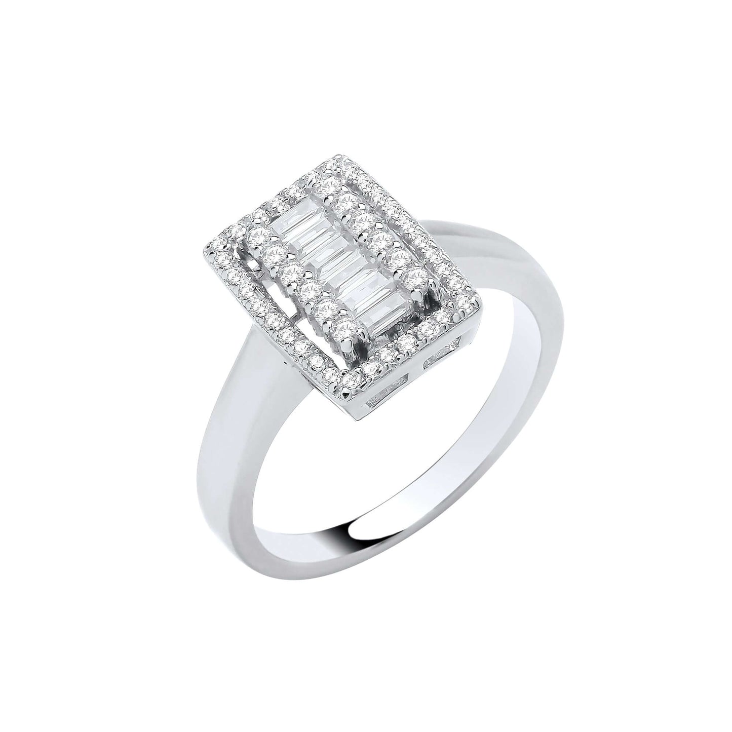 Solid Silver Halo CZ Ring with sterling silver 925, featuring baguette and brilliant cut cubic zirconia stones.