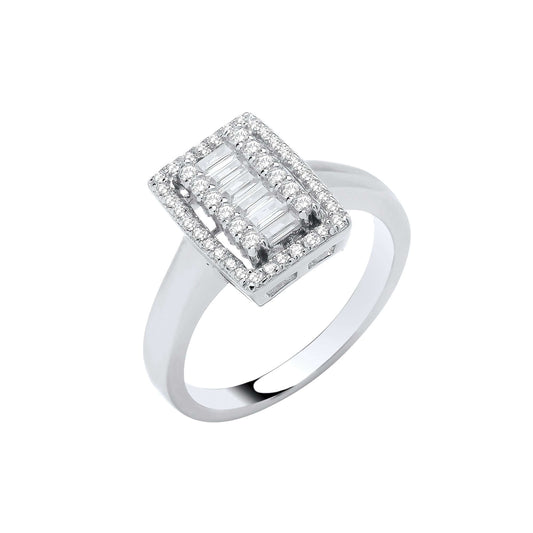 Solid Silver Halo CZ Ring with sterling silver 925, featuring baguette and brilliant cut cubic zirconia stones.