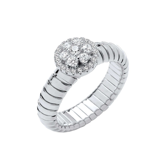 Silver Ribbed Link CZ Cluster Ring with cubic zirconia stones on ribbed shank, stunning silver jewelry piece.
