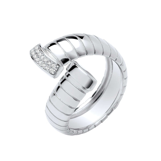 Silver Ribbed Cross-Over CZ Ring with cubic zirconia stones set in a crossover design, showcasing elegance and style in a silver finish.