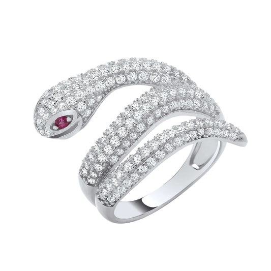 Silver CZ Snake Ring with cubic zirconia stones and serpent design.