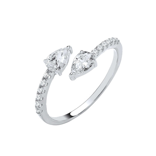 Silver Cross-Over Pear Shape CZs Ring with cubic zirconia stones set on a silver band.